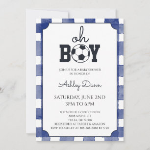 Blå Gingham Fotboll Baby Shower Inbjudningar