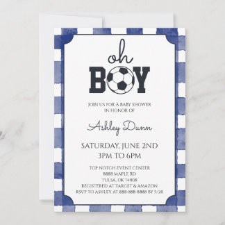 Blå Gingham Fotboll Baby Shower Inbjudningar
