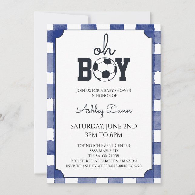 Blå Gingham Fotboll Baby Shower Inbjudningar (Framsida)