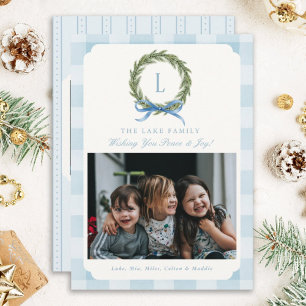 Blå Gingham Fotojulkort Monogram andedräkt Julkort
