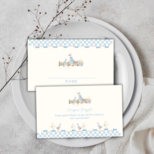 Blå Gingham-Gås Blöja-Lott Babyfirande Tilläggskort (Blue Gingham Goose Diaper Raffle Baby Shower Enclosure Card)