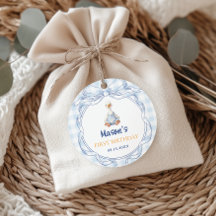 Blå Gingham-Gås Pojke Första Födelsedag