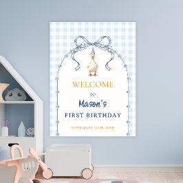 Blå Gingham-Gås Pojke Första Födelsedags Hälsning Poster