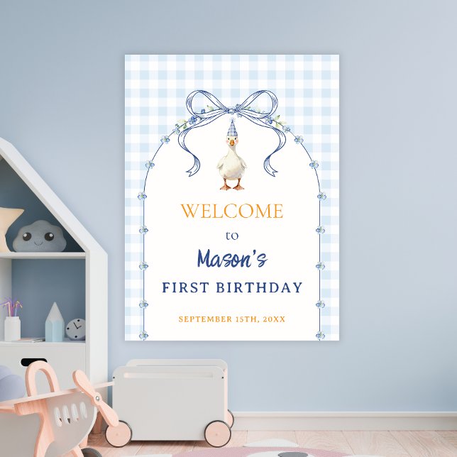 Blå Gingham-Gås Pojke Första Födelsedags Hälsning Poster (Skapare uppladdad)