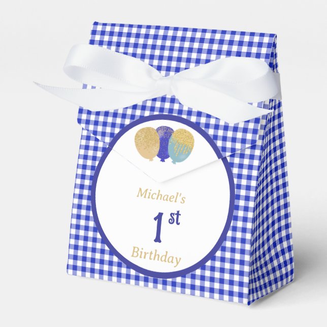 Blå Gingham Glitterballonger Anpassade 3 Bilder  Presentaskar (Framsidan Sidan)