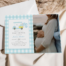 Blå Gingham Golf Pojke Baby Shower Foto Inbjudningar