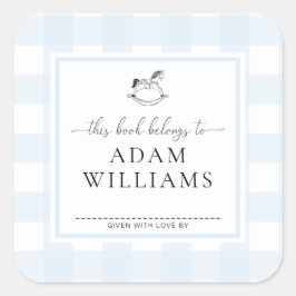 Blå Gingham Gunghäst Bokmärkesklistermärke Fyrkantigt Klistermärke