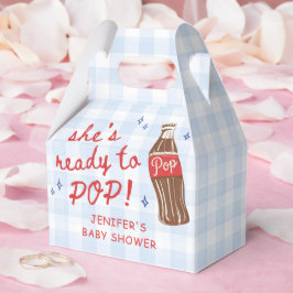 Blå Gingham Hon är redo att poppa Bebisens dag Presentaskar