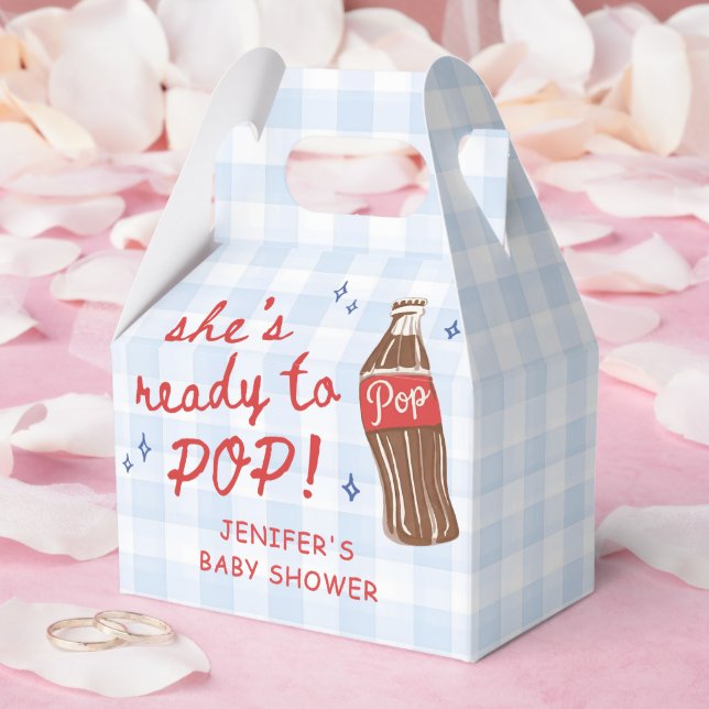 Blå Gingham Hon är redo att poppa Bebisens dag Presentaskar (Bröllop)