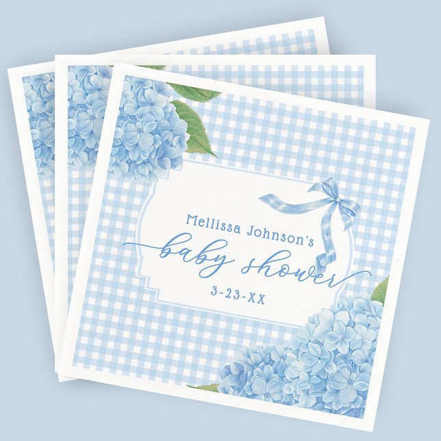 Blå Gingham Hortensia Babypojks Babyshower Pappersservett (Skapare uppladdad)