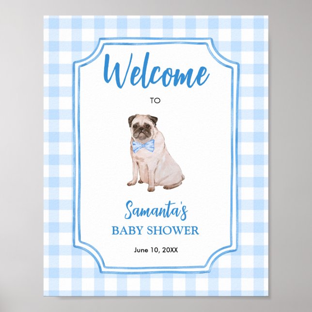 Blå Gingham Hund Pojke Bebis Shower Välkommen Poster (Framsidan)