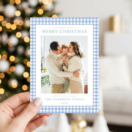 Blå Gingham Jul Foto Julkort