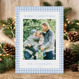 Blå Gingham Jul Foto Julkort