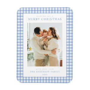 Blå Gingham Jul Foto Magnet