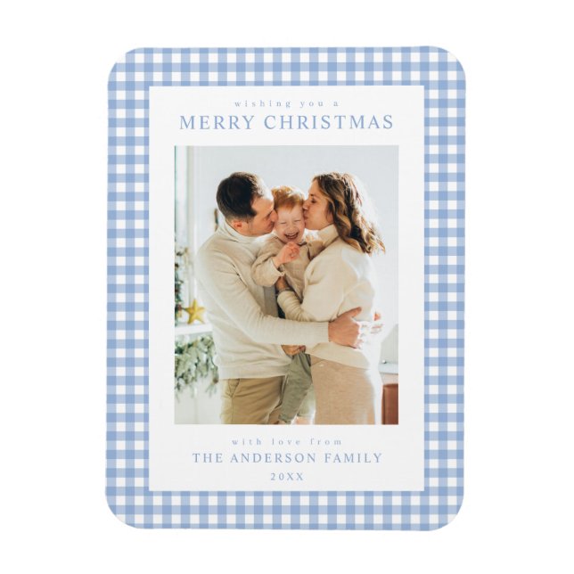Blå Gingham Jul Foto Magnet (Vertikal)
