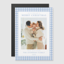 Blå Gingham Jul Foto Magnetisk Högtidskort Inbjudningskort