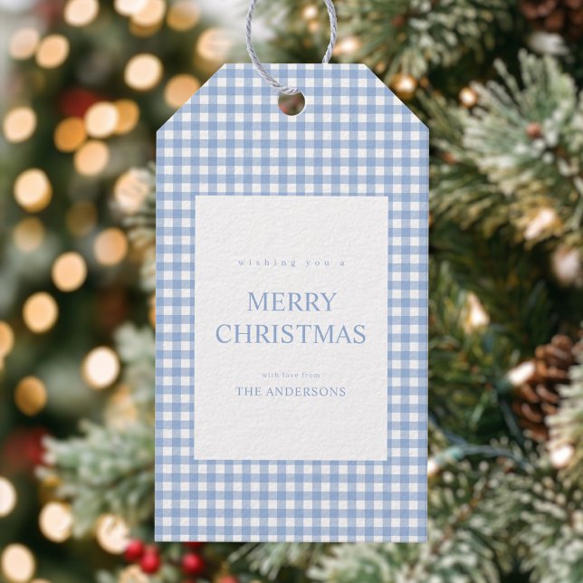 Blå Gingham Jul Presentetikett (Skapare uppladdad)