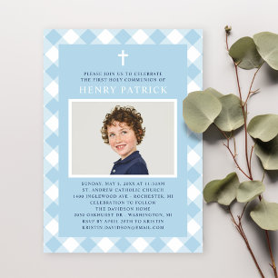 Blå Gingham Karo Första Kommunion Pojke Foto Inbjudningar