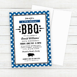 Blå Gingham Karo Gris Bakar Grill Födelsedagsfest Inbjudningar