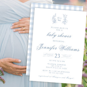 Blå gingham klassisk baby pojke dop inbjudan