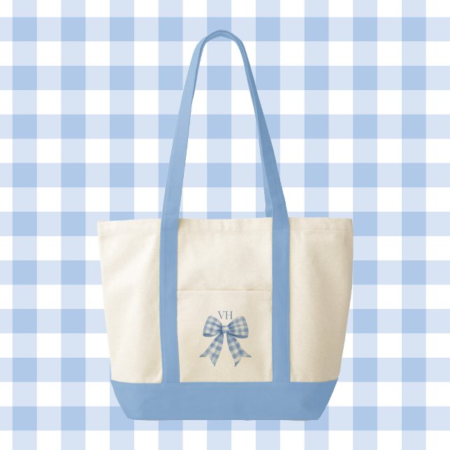 Blå Gingham Kryss Bow Monogram Kontrast Trimning Tygkasse (blue gingham check bow monogram tote bag)