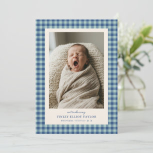 Blå Gingham Kryssruta Nyfödd Foto Baby Pojke Födel Meddelande