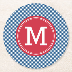 Blå Gingham Land Chic Personalize Monogram Underlägg Papper Rund