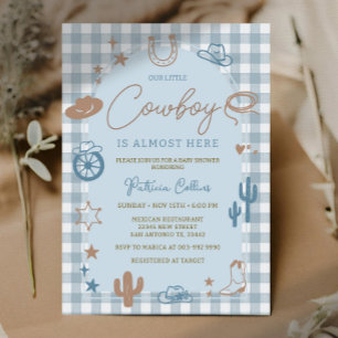 Blå Gingham Lille Cowboy Vilda Västern Babyfirande Inbjudningar