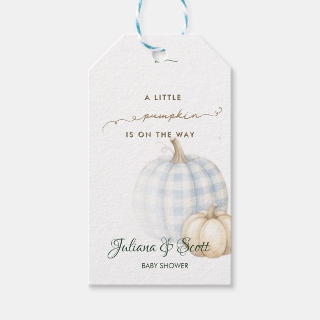 Blå Gingham Liten Pumpa Pojke Bebis Dopp Presentetikett (Framsidan)