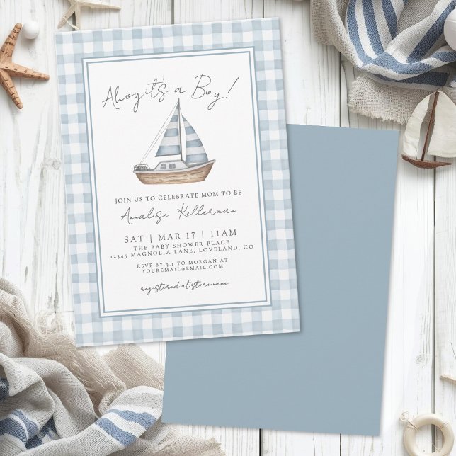 Blå Gingham Marin Bebis Shower Inbjudningar (Blue Gingham Nautical Baby Shower Invitation)