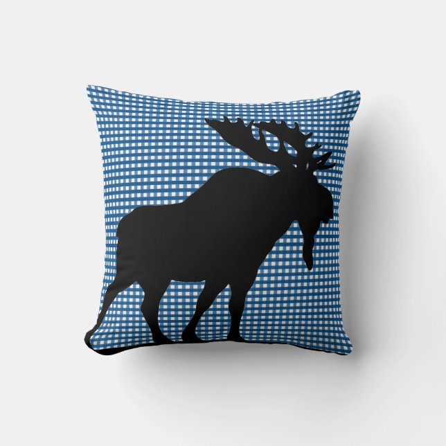 Blå Gingham med Maine Moose Kudd Kudde (Framsida)