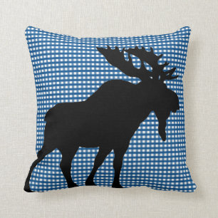 Blå Gingham med Maine Moose Kudd Kudde