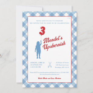 Blå Gingham med Röd Ballong Upsherin-inbjudan Inbjudningar
