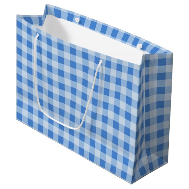 Blå Gingham Mönster Large Gift Bag (Framsidan Vinklad)