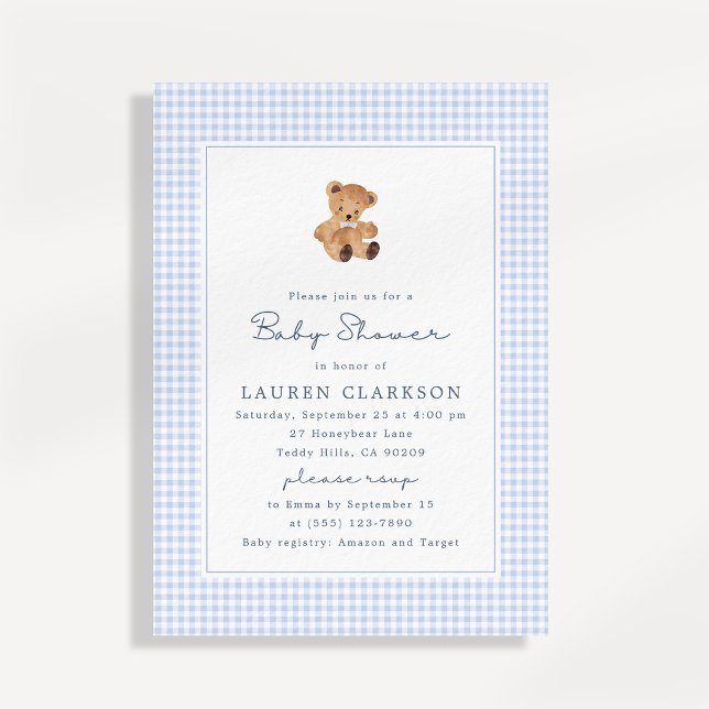 Blå Gingham Nalle Baby Shower Inbjudan (Skapare uppladdad)