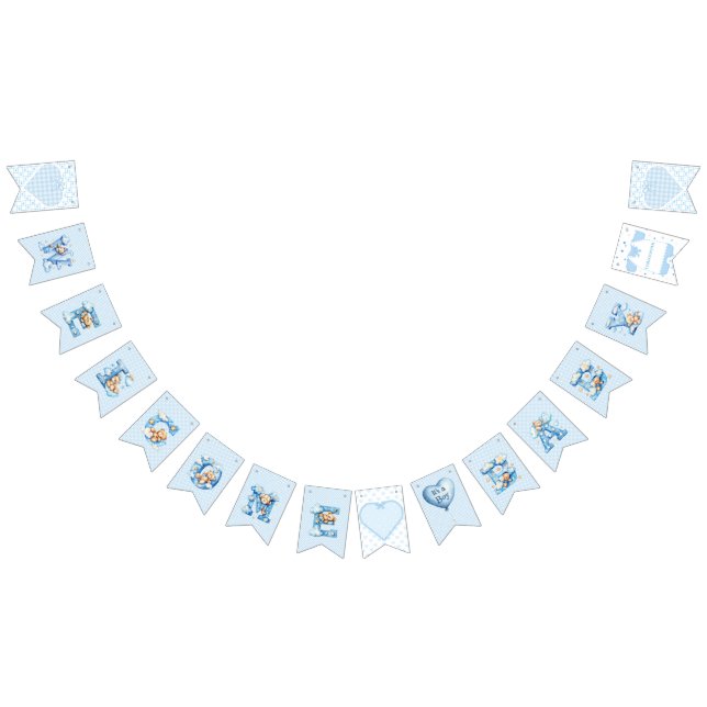 Blå Gingham Nalle Barn Välkomst Baby Shower Fest  Vimplar (Alla)