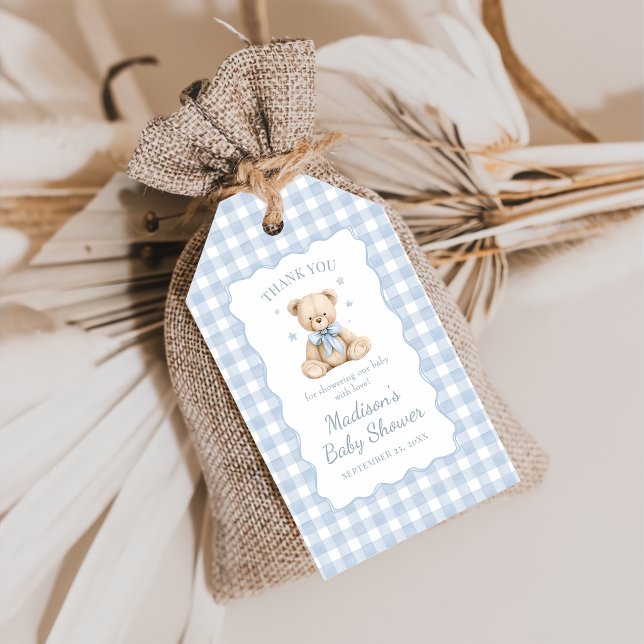 Blå Gingham Nalle Barnkalas Presentetikett (Skapare uppladdad)