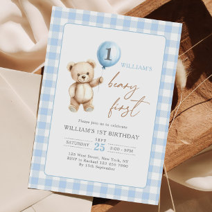 Blå Gingham Nalle Björn Ballong Pojke 1-årsdag Inbjudningar