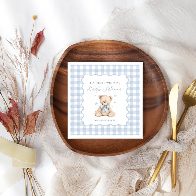 Blå Gingham Nalle Pappersservetter för Baby Shower (Skapare uppladdad)