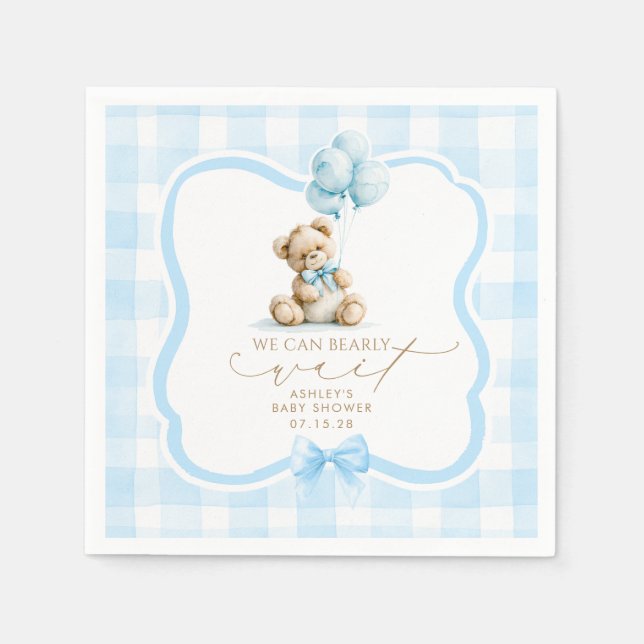 Blå Gingham Nalle Pojke Bebis Shower Pappersservett (Framsidan)