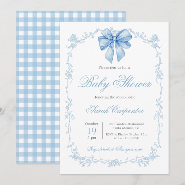 Blå Gingham och Bow Baby Shower Pojke Inbjudningar (Fram/baksida)
