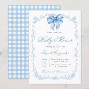 Blå Gingham och Bow Baby Shower Pojke Inbjudningar