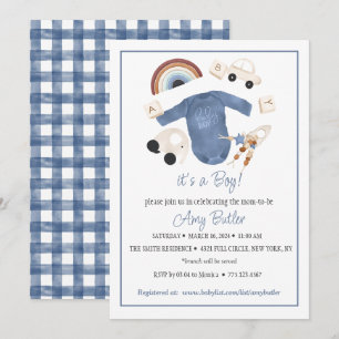 Blå Gingham och Leksaker Baby Pojke Dop Invitation Inbjudningar
