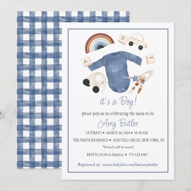 Blå Gingham och Leksaker Baby Pojke Dop Invitation Inbjudningar (Fram/baksida)