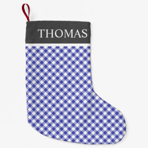 Blå Gingham Offblack Collar-eget namn Liten Julstrumpa