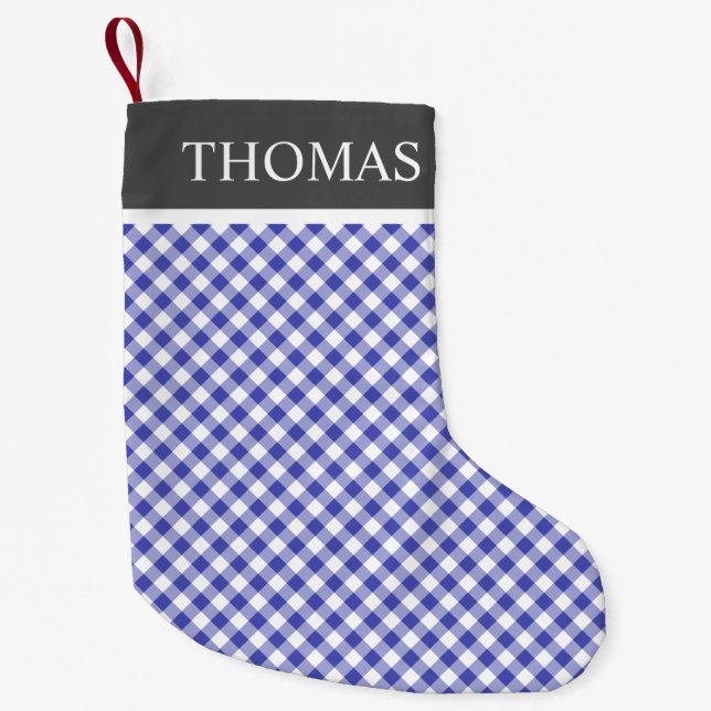 Blå Gingham Offblack Collar-eget namn Liten Julstrumpa (Framsidan)