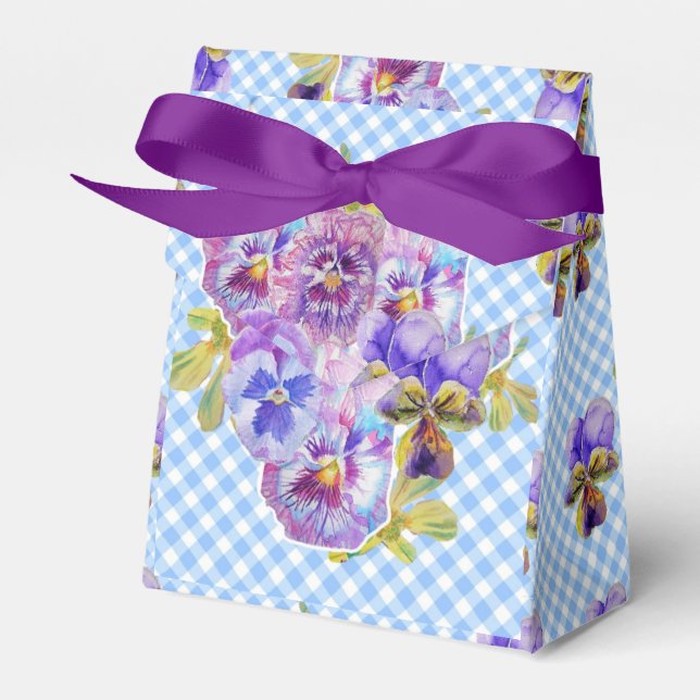 Blå Gingham Pensé Blommig Bröllopstårta Förmån  Presentaskar (Framsidan Sidan)