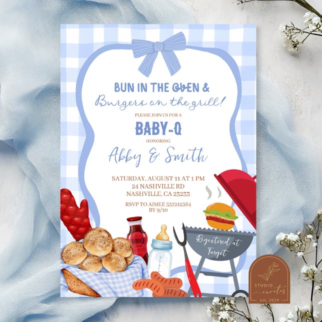 Blå Gingham Plaid BabyQ baby shower inbjudan (Skapare uppladdad)