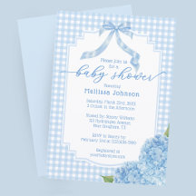 Blå Gingham Plaid Hydrangea Bebis Shower