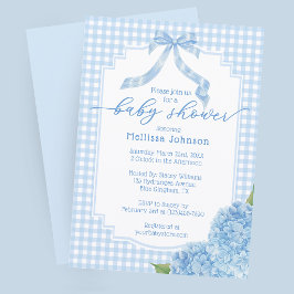 Blå Gingham Plaid Hydrangea Bebis Shower Inbjudningar